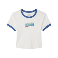 Levi's李维斯25年女士街头短款休闲纯棉修身简约短袖T恤 白色-蓝边 A3523-0080 S