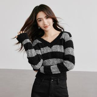 红袖 冬季女装简约日常条纹收腰正肩V领套头针织衫