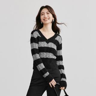 红袖 冬季女装简约日常条纹收腰正肩V领套头针织衫