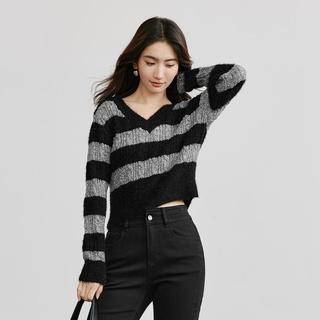 红袖 冬季女装简约日常条纹收腰正肩V领套头针织衫