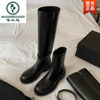 啄木鸟牛皮两穿可拆卸厚底骑士靴女秋冬新款粗跟中高筒不过膝长筒靴子 黑色长靴 3