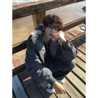 轩森图(XUANSENTU)灰色连帽派克羽绒棉服男款冬季加厚保暖毛领棉服美式短款工装外套