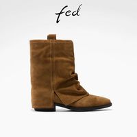 FED复古裤管靴冬季新款女靴粗跟西部靴绒面褶皱短靴女S1104-ZF365