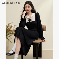 西遇赫本风撞色蝴蝶结长袖连衣裙女2024秋季收腰V领针织裙 黑色