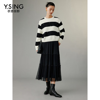 衣香丽影高弹套头条纹毛衣女春秋款珍珠装饰羊毛上衣 黑色几何 S