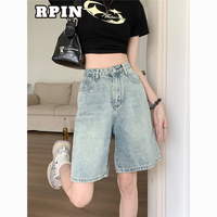 复古怀旧浅蓝色牛仔五分裤女夏季高腰宽松直筒中裤阔腿短裤子