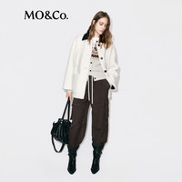 MO&Co. 羔毛绒拼接素皮翻领机车风中性衬衫廓形女士夹克 米白色 S