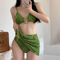 九寸阳光性感绿丝绒新款比基尼抽绳包臀泳衣女温泉度假三件套分体泳装 分体泳衣【绿色】
