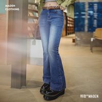 马登 MADEN复古微喇Baby蓝牛仔裤浅春系显身材水洗棉弹修身喇叭裤子春女