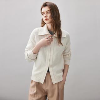 科蒙 隐奢双开口拉链100%绵羊毛衫针织外套翻领毛衣秋冬女拉链开衫
