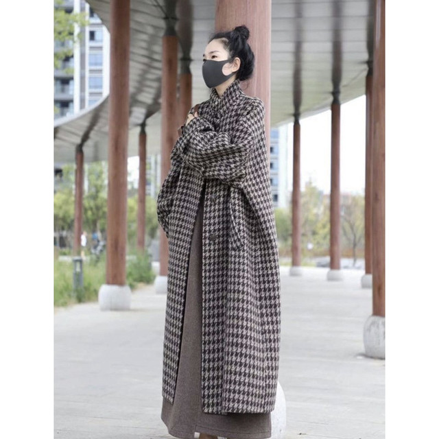 知筆墨 知笔墨2022复古千鸟格羊毛呢大衣女 高端宽松过膝外套女 千鸟格 均码