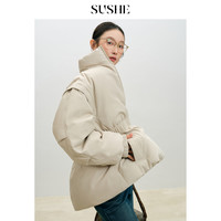 束皙 渡江云 新国标90白鸭绒立领收腰白色派克服羽绒服女款外套