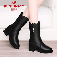 富贵鸟 真皮牛皮短靴女秋冬加绒保暖中筒靴粗跟气质女靴 黑色加绒 37