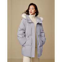 茵曼三防连帽毛领假两件羽绒服2025冬女装中长款外套 灰紫色 L