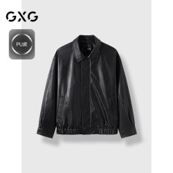 GXG 男士翻领PU皮衣夹克 黑色 175/L