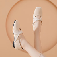 达芙妮 法式单鞋平底2024温柔晚晚风妈妈鞋玛丽珍鞋女鞋子 米白色 3