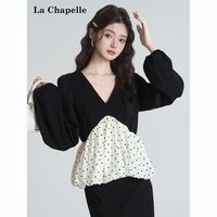 拉夏贝尔法式撞色拼接波点v领长袖衬衫女秋季设计感上衣百搭衬衣【15天内】