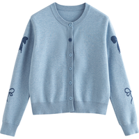 初语蝴蝶结提花针织衫女2024秋季通勤简约圆领气质上衣开衫 浅蓝色 M