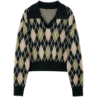 【24年人气】复古菱格纹格子针织衫polo领短显瘦毛衣M