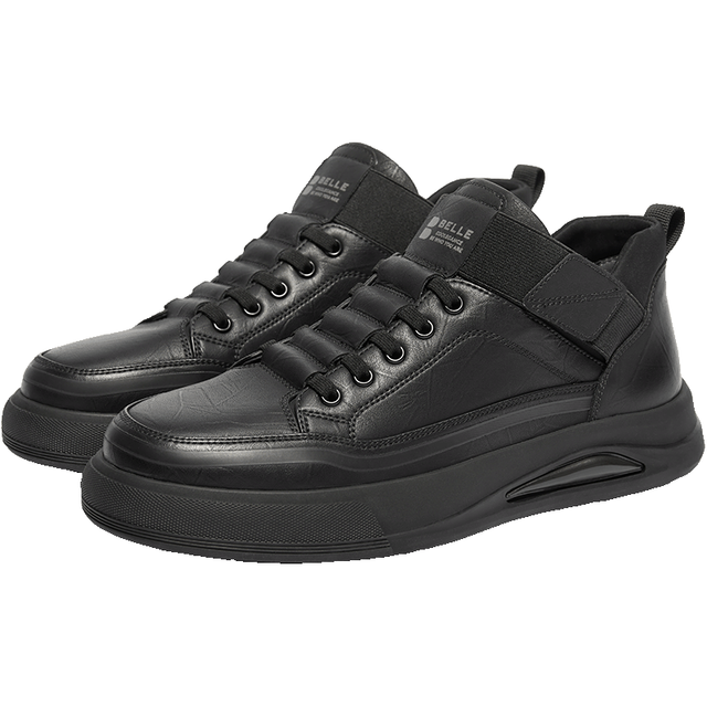 超V会员：百丽 男鞋高帮保暖工装休闲鞋冬季款棉鞋厚底黑色加绒板鞋