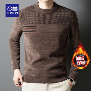罗蒙圆领条纹针织衫男士秋冬款中青年加绒加厚打底保暖毛线衣内搭男 M19咖色 XL 180(140-155斤)