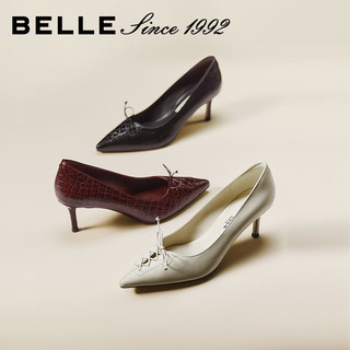 百丽（Belle）92系列蝴蝶结高跟单鞋女2026春真皮通勤单鞋H8008AQ6 黑色 36 (230mm)