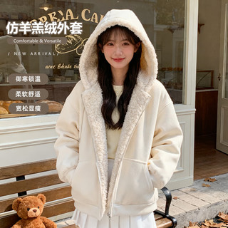 班尼路（Baleno）韩系连帽羊羔毛外套女秋冬2025加绒加厚保暖开衫卫衣女装上衣棉服 黑色 【超暖百搭羊羔毛】 M