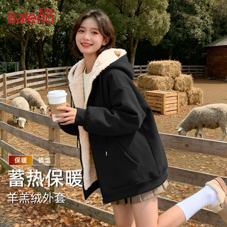 班尼路（Baleno）韩系连帽羊羔毛外套女秋冬2025加绒加厚保暖开衫卫衣女装上衣棉服 黑色 【超暖百搭羊羔毛】 M