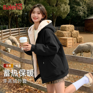 班尼路（Baleno）韩系连帽羊羔毛外套女秋冬2025加绒加厚保暖开衫卫衣女装上衣棉服 黑色 【超暖百搭羊羔毛】 M