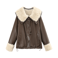 苏醒的乐园冬季时尚气质港风加绒翻领PU皮仿羊羔毛皮草外套 咖色 XL