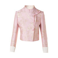 LIME朗姿/莱茵优雅国风设计蚕丝提花套装立领盘扣短外套半裙26春 艳淡粉色上衣 M