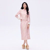 LIME朗姿/莱茵优雅国风设计蚕丝提花套装立领盘扣短外套半裙26春 艳淡粉色半裙 XL