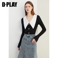 DPLAY2025秋季miu系穿搭白拼黑色毛衣女撞色翻领针织衫上衣 黑拼白