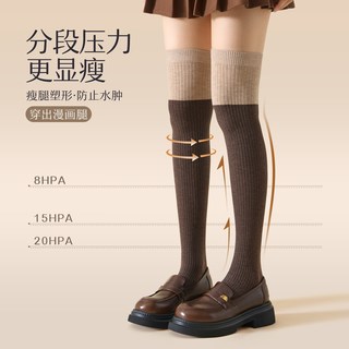 羊毛袜子女秋冬季加厚保暖咖色过膝袜压力显瘦女士撞色长筒大腿袜 均码【压力显瘦/保暖舒适】