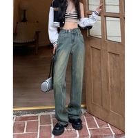 2025年复古做旧高腰直筒牛仔裤女设计感交叉腰显瘦宽松阔腿裤