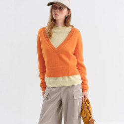 范思蓝恩 V领慵懒套头针织衫女冬季2025宽松长袖羊毛毛衣4320 橘色 S