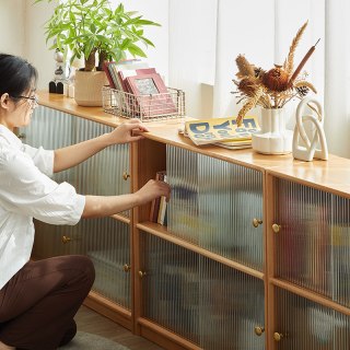 盼居 实木书柜推拉门带玻璃移门矮柜展示柜收纳柜防尘书架客厅简约榉木