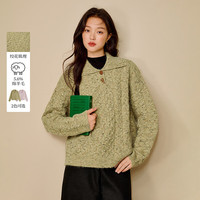 茵曼（INMAN）2025冬季女装新款温柔花纱绞花肌理毛衣半开襟套头宽松针织衫 松花绿