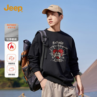 JEEP吉普男装秋冬宽松印花潮流加绒保暖圆领卫衣长袖上衣男套头衫 纯黑 XL 180/96A