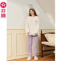 芬腾【羊羔绒】睡衣女秋冬加厚珊瑚绒加大码家居服男套头套装 米白【单女款】 M :女90-110斤,男100-120斤