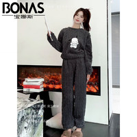 宝娜斯(BONAS)卡通珊瑚绒长裤秋冬宽松紧腰懒人睡裤家居睡衣套装 黑色-小狗提花 均码 (90-150斤)