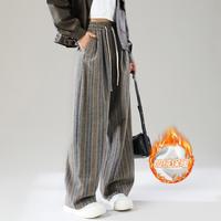 ONE MORE 女士秋冬毛呢条纹阔腿高腰加绒直筒休闲裤