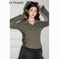 拉夏贝尔2025秋季女装时尚百搭简约T恤复古翻领显瘦小衫上衣【15天内】