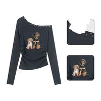 :CHOCOOLATE  it女装咖色复古柳钉斜露肩长袖T恤女短款收腰打底衫秋冬上衣女 灰色 XL