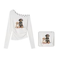 :CHOCOOLATE  it女装咖色复古柳钉斜露肩长袖T恤女短款收腰打底衫秋冬上衣女 白色 L