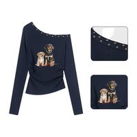 :CHOCOOLATE  it女装咖色复古柳钉斜露肩长袖T恤女短款收腰打底衫秋冬上衣女 藏蓝色 L