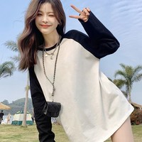 纯棉长袖t恤女春秋装冬季插肩袖宽松显瘦内搭打底衫黑白撞色上衣 L