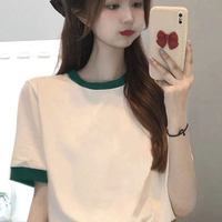 CIITEER/新西哲 欧货仿棉短袖插肩T恤 女士宽松正肩显瘦拼接撞色上衣