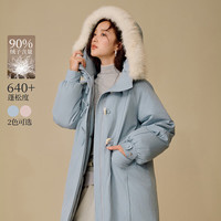 茵曼(INMAN)2025冬季女装可拆毛领连帽羽绒服牛角扣灯笼袖长款外套 浅蓝色 S 154-160cm /91-100斤