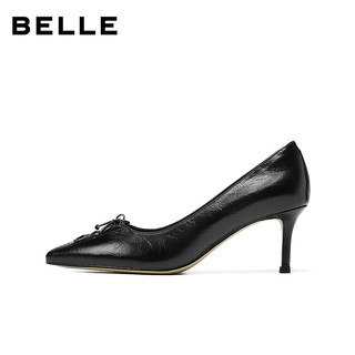 百丽（Belle）92系列蝴蝶结高跟单鞋女2026春真皮通勤单鞋H8008AQ6 黑色 36 (230mm)